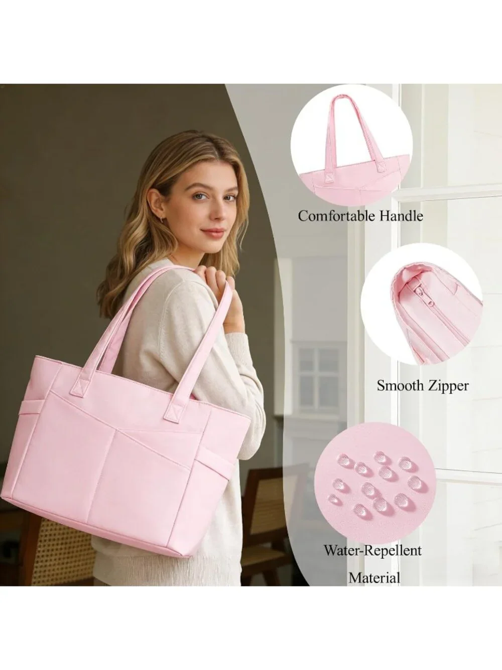 👜Women's Pink Nylon Large Tote Bag With Zipper 15.6 Laptop Sleeve Work Bag